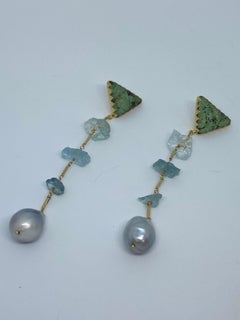 Silver Tahitian, Turquoise, and Aquamarine in 18 Karat Gold Statement Earrings