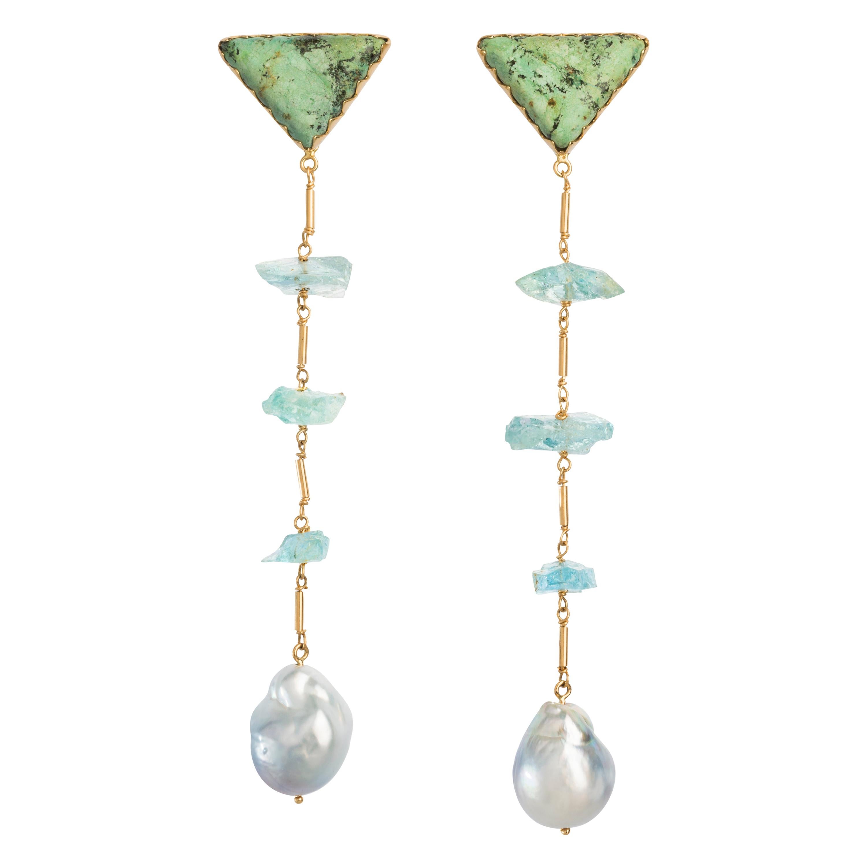 Silver Tahitian, Turquoise, and Aquamarine in 18 Karat Gold Statement Earrings