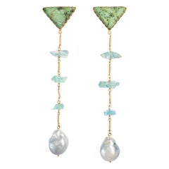 Silver Tahitian, Turquoise, and Aquamarine in 18 Karat Gold Statement Earrings