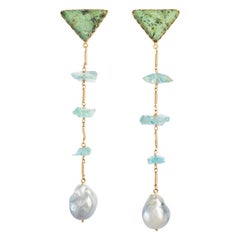 Silver Tahitian, Turquoise, and Aquamarine in 18 Karat Gold Statement Earrings