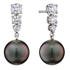Tahitian S. Sea Cultured Pearl Dangle Earrings with Graduated Diamonds