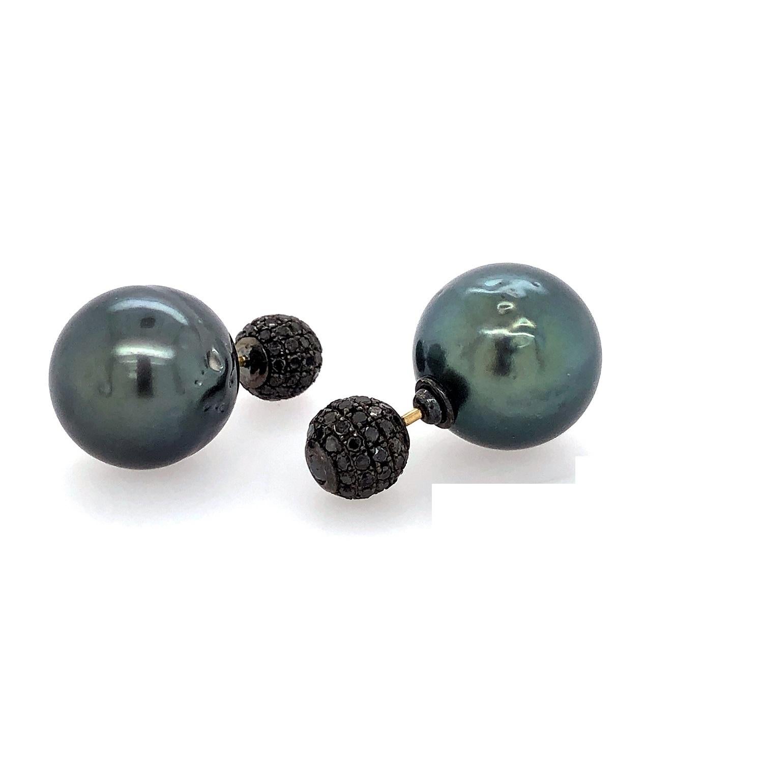Contemporary Tahitian Sea Pearl & Pave Diamond Tunnel Earring Made in 18k Gold & Silver For Sale