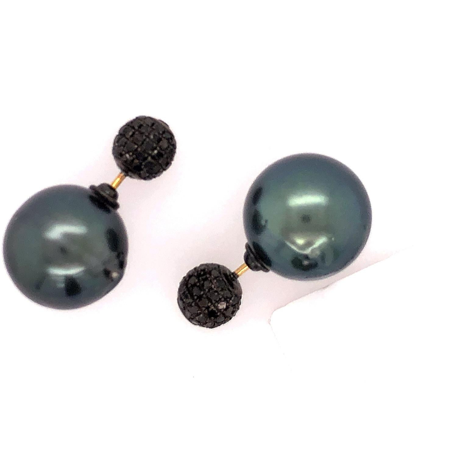 Mixed Cut Tahitian Sea Pearl & Pave Diamond Tunnel Earring Made in 18k Gold & Silver For Sale