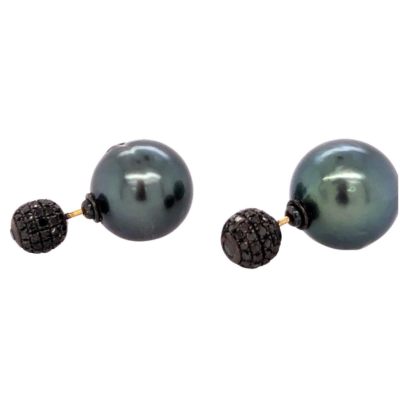 Tahitian Sea Pearl & Pave Diamond Tunnel Earring Made in 18k Gold & Silver For Sale