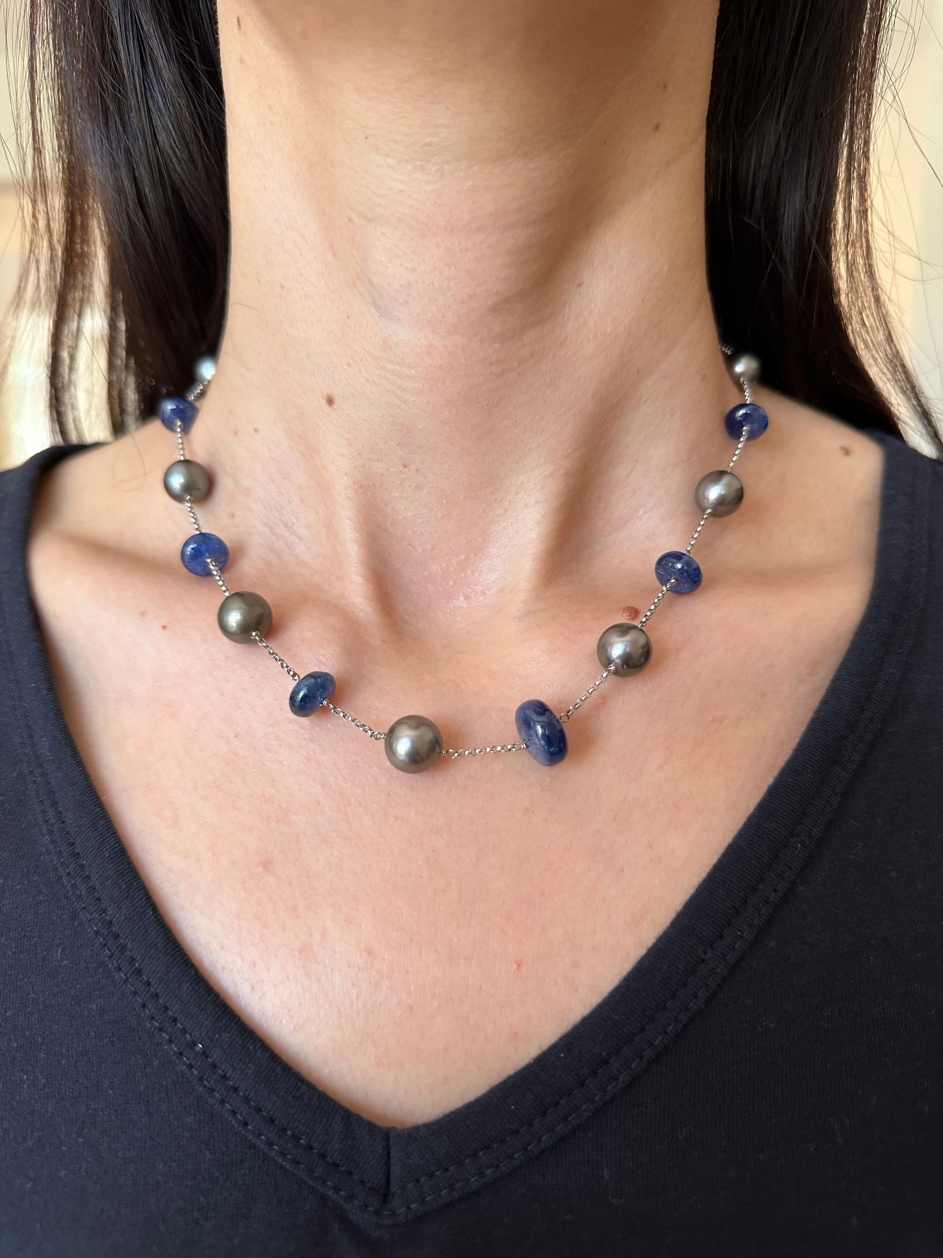 Tahitian Silver Grey Black Pearl Blue Sapphire Bead White Gold Chain Necklace For Sale 11