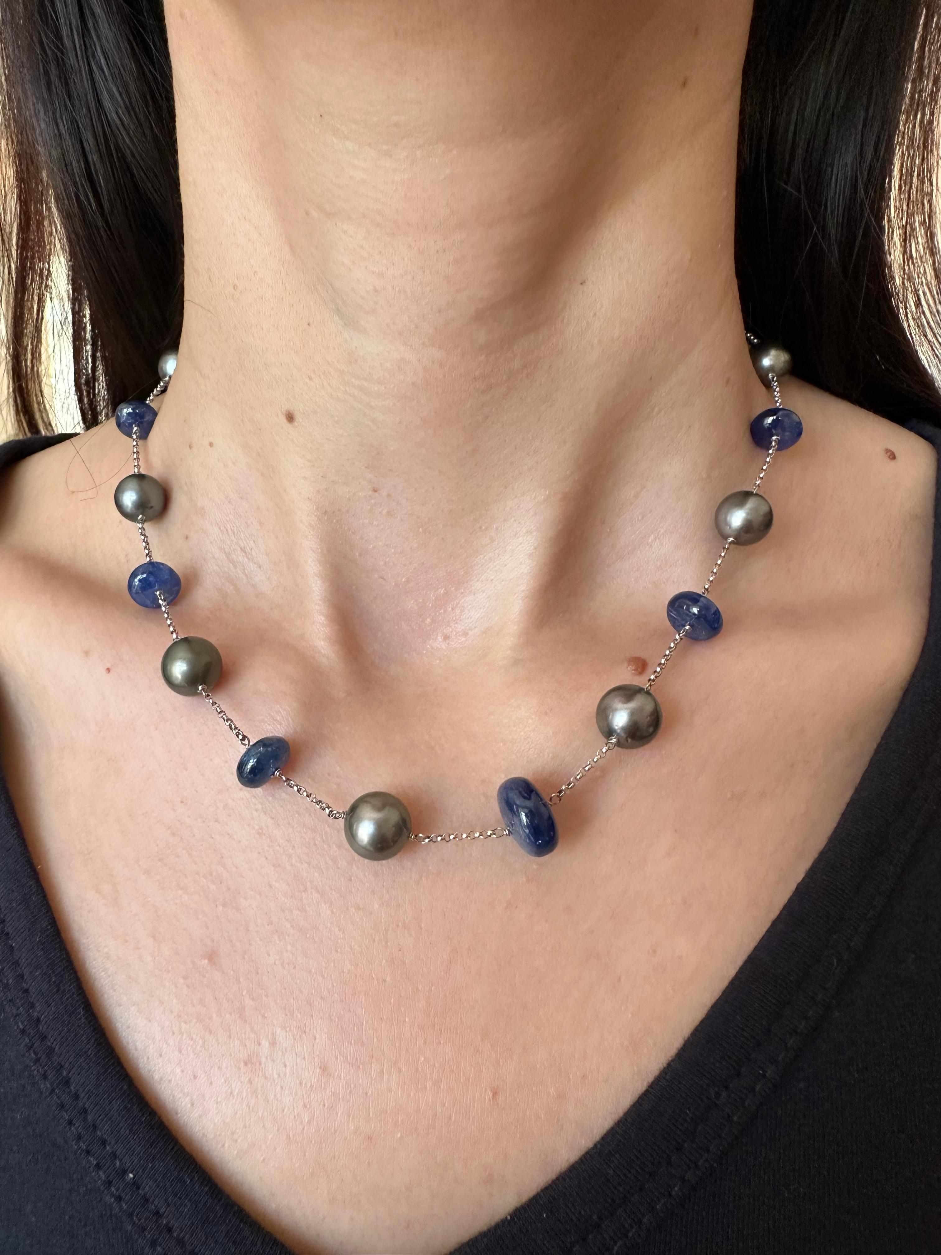 Tahitian Silver Grey Black Pearl Blue Sapphire Bead White Gold Chain Necklace For Sale 12