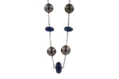 Tahitian Silver Grey Black Pearl Blue Sapphire Bead White Gold Chain Necklace