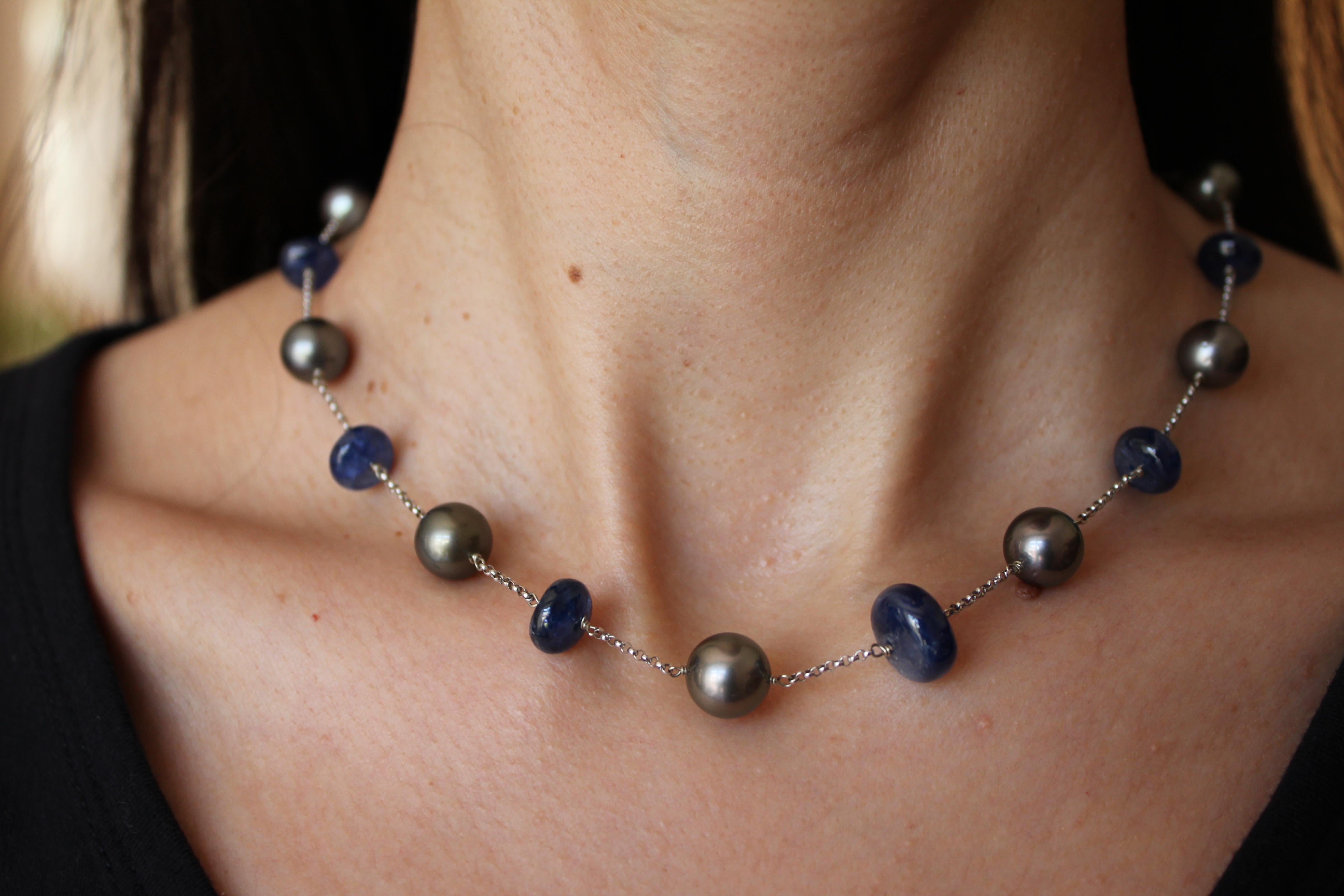 Tahitian Silver Grey Black Pearl Blue Sapphire Bead White Gold Chain Necklace For Sale 1