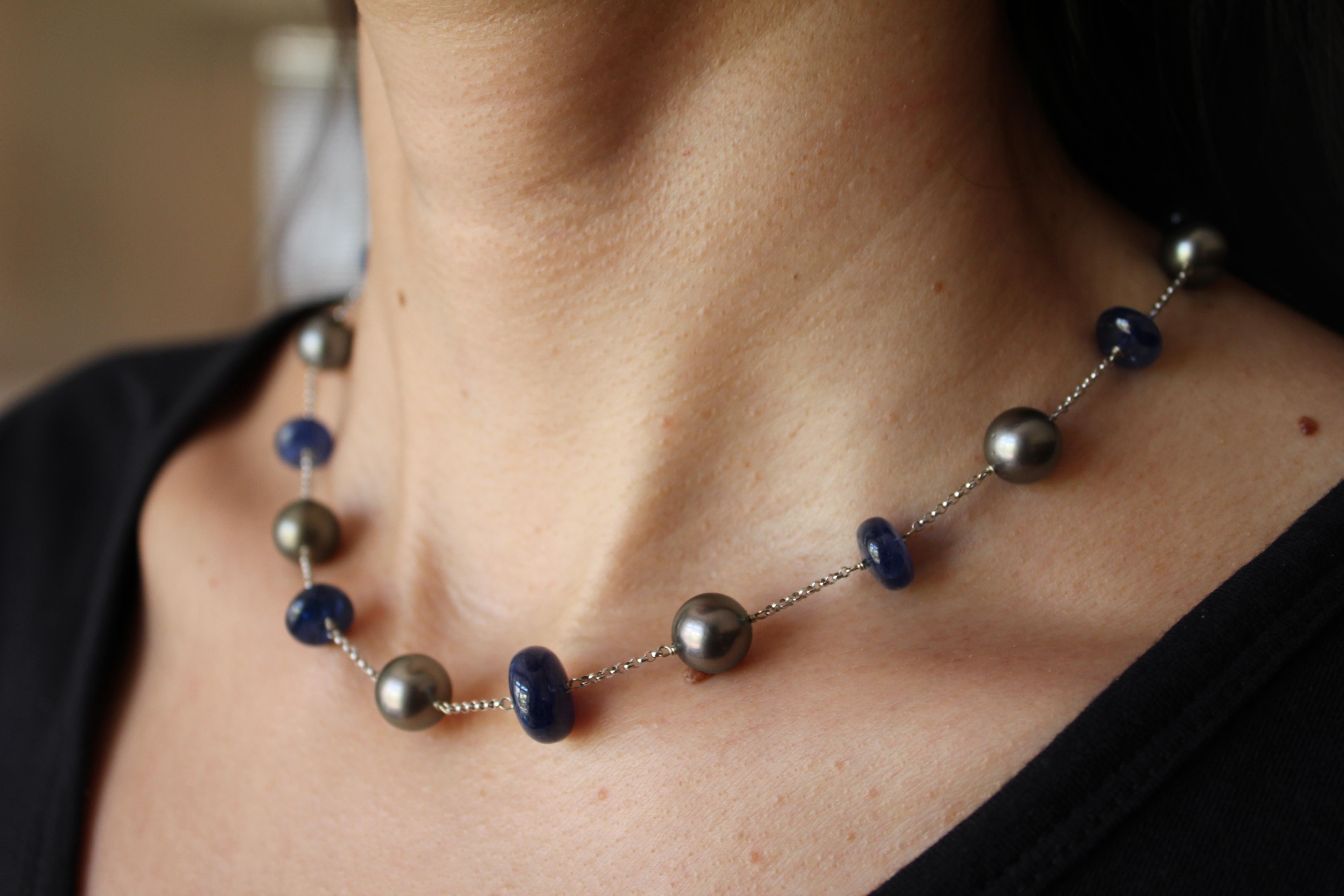 Tahitian Silver Grey Black Pearl Blue Sapphire Bead White Gold Chain Necklace For Sale 2