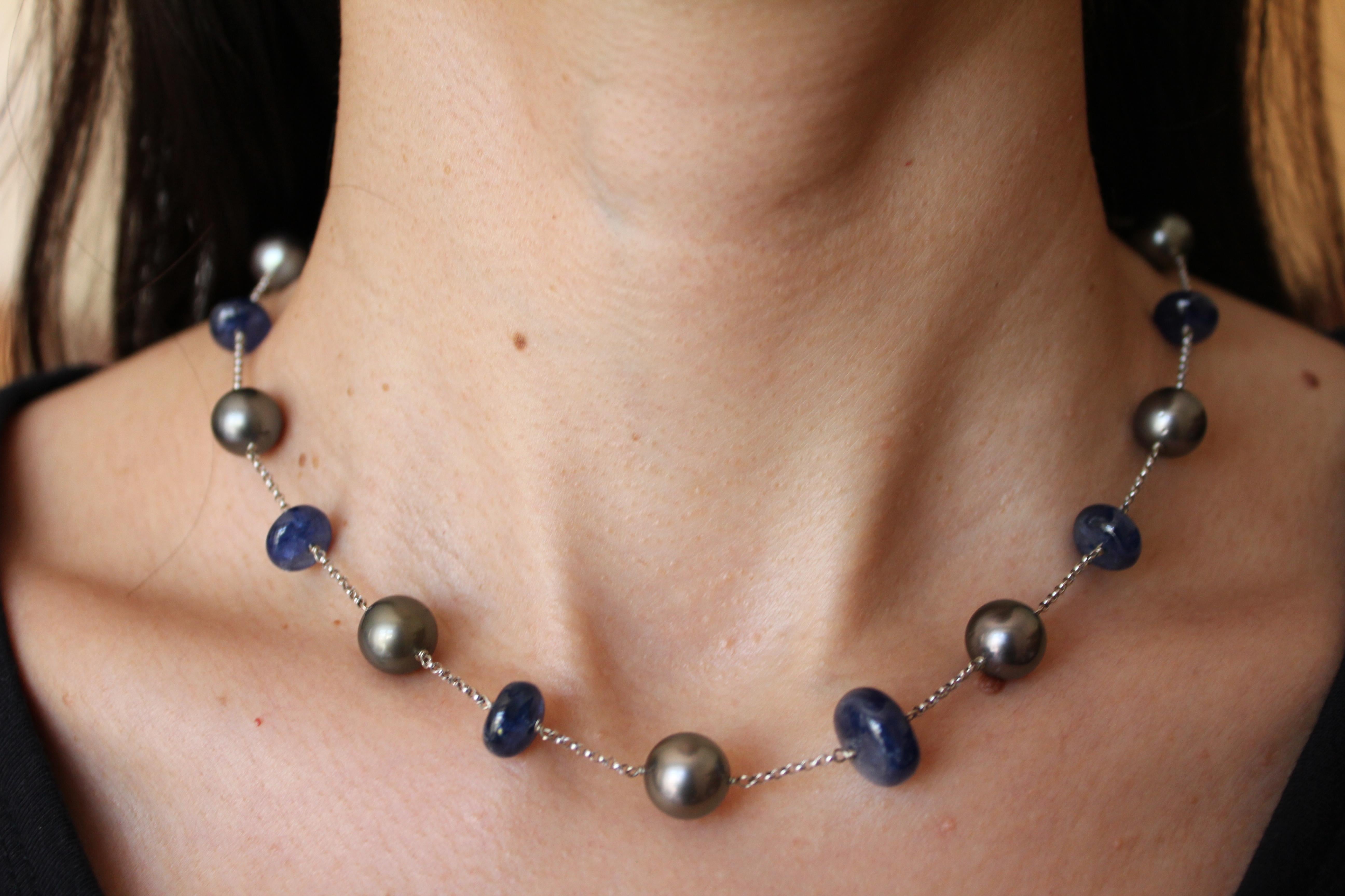 Tahitian Silver Grey Black Pearl Blue Sapphire Bead White Gold Chain Necklace For Sale 3