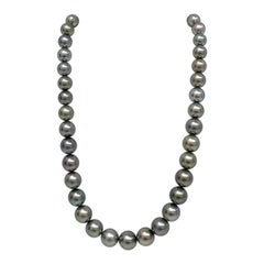Tahitian Silvery Green Round Pearl Necklace with Gold Clasp