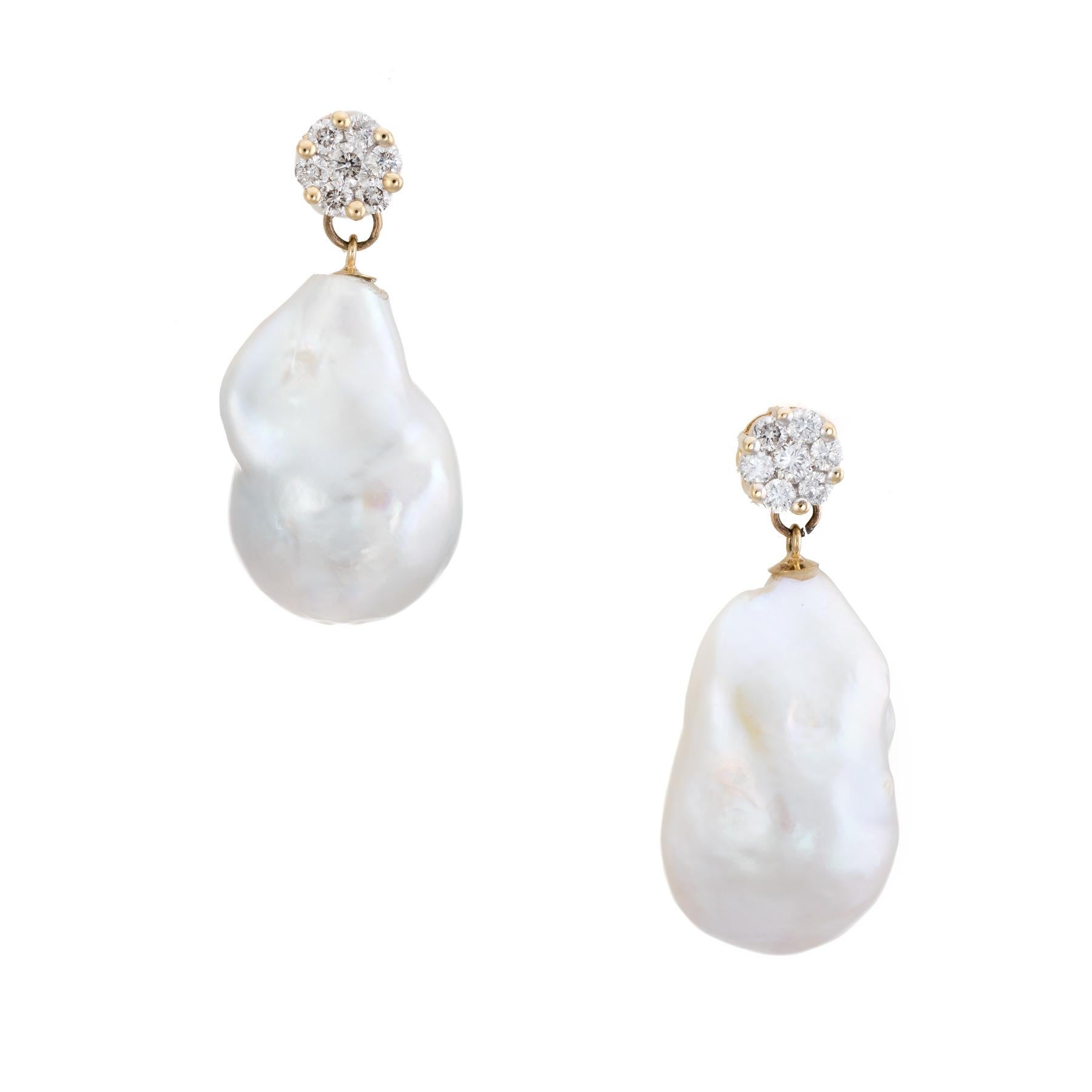 Modern Tahitian South Sea Baroque Pearl Diamond Drop Earrings Estate Jewelry 14k Gold