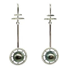 Tahitian South Sea Pearl and White Topaz Round Sterling Silver Drop Earrings