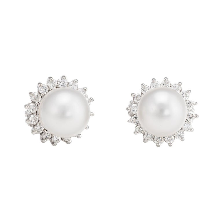 Tahitian South Sea Pearl Diamond Earrings Vintage 14k White Gold ...