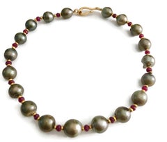 Tahitian South Sea Pearl Necklace With Rubies and 18k Gold Clasp and Spacers
