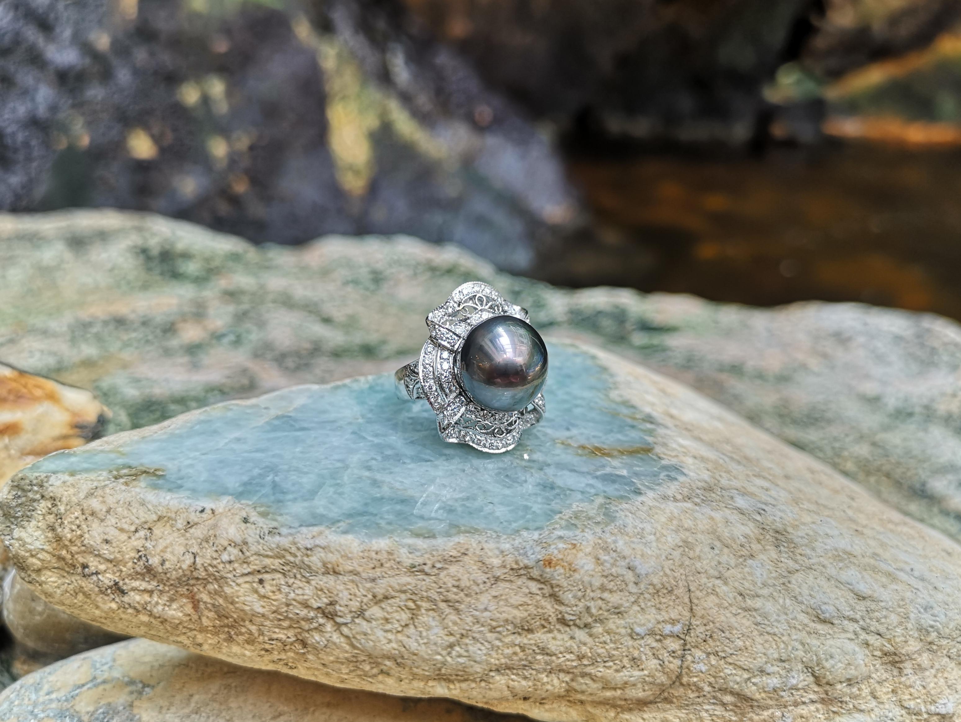 Tahitian South Sea Pearl with Diamond Ring Set in 18 Karat White Gold Settings For Sale 5