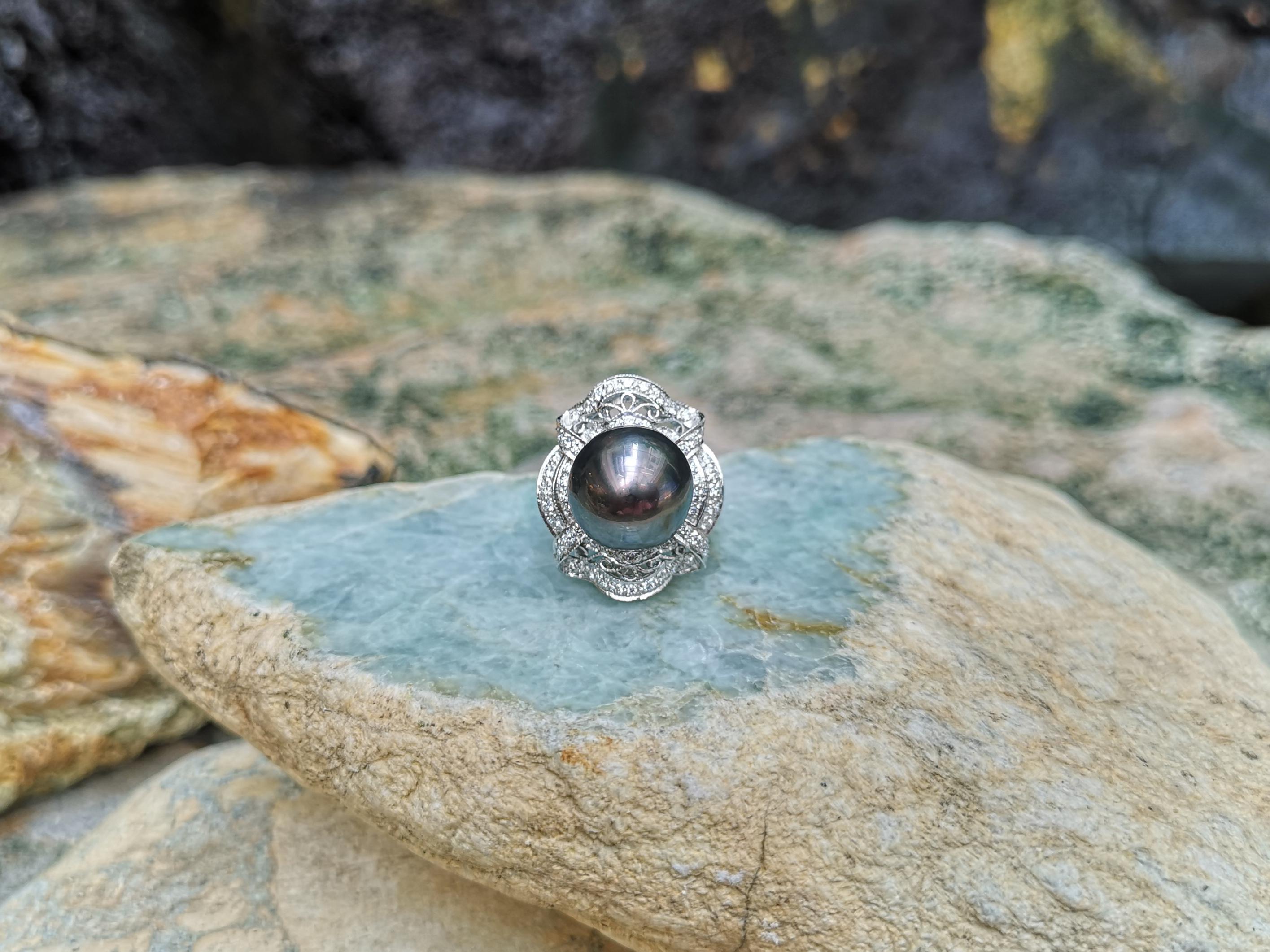 Tahitian South Sea Pearl with Diamond Ring Set in 18 Karat White Gold Settings For Sale 6