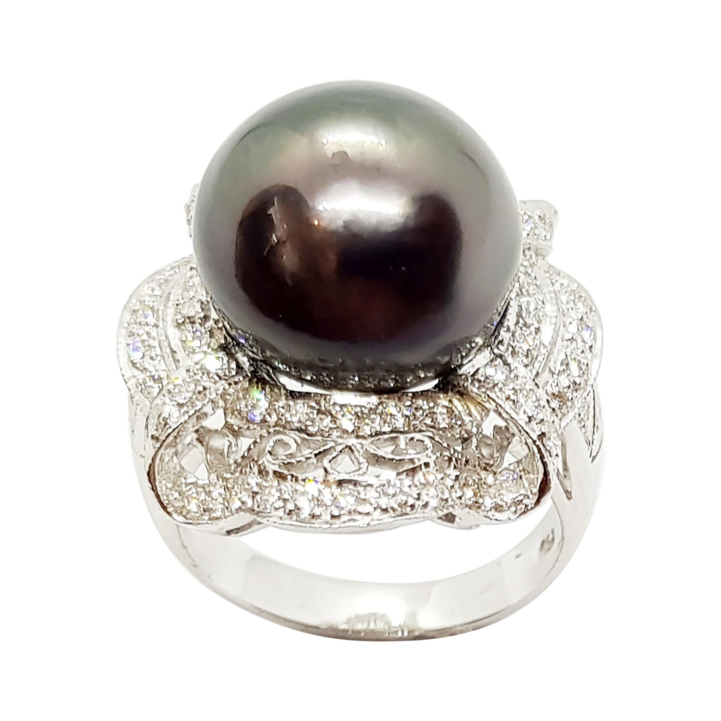 Tahitian South Sea Pearl with Diamond Ring Set in 18 Karat White Gold Settings For Sale