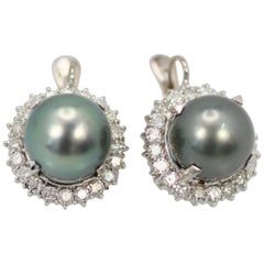 Tahitian South Seas Black Pearl Earrings with Diamond Surround