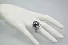 Tahitian South Seas Black Pearl Ring with Diamond Surround