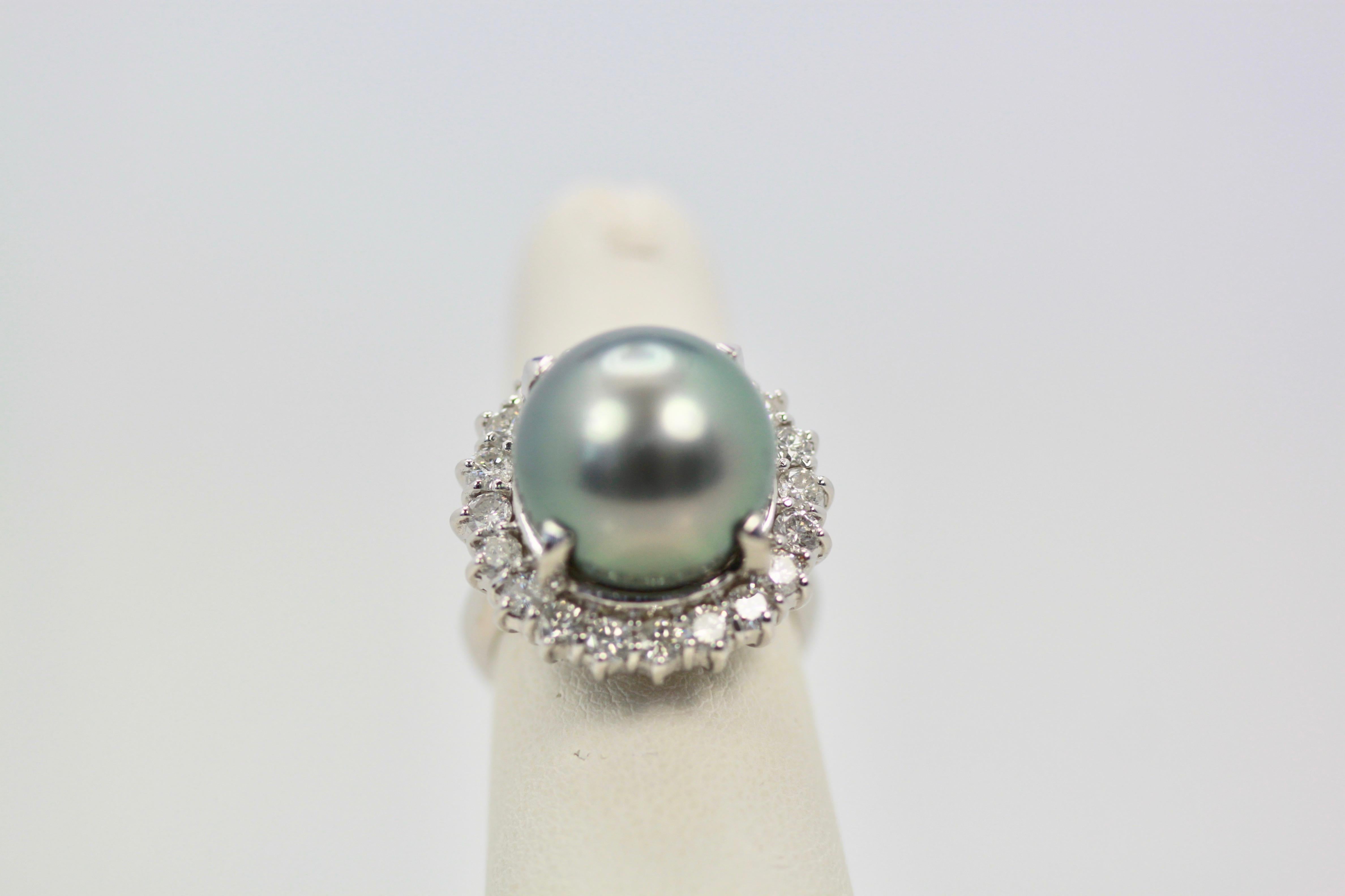 Modern Tahitian South Seas Black Pearl Ring with Diamond Surround For Sale