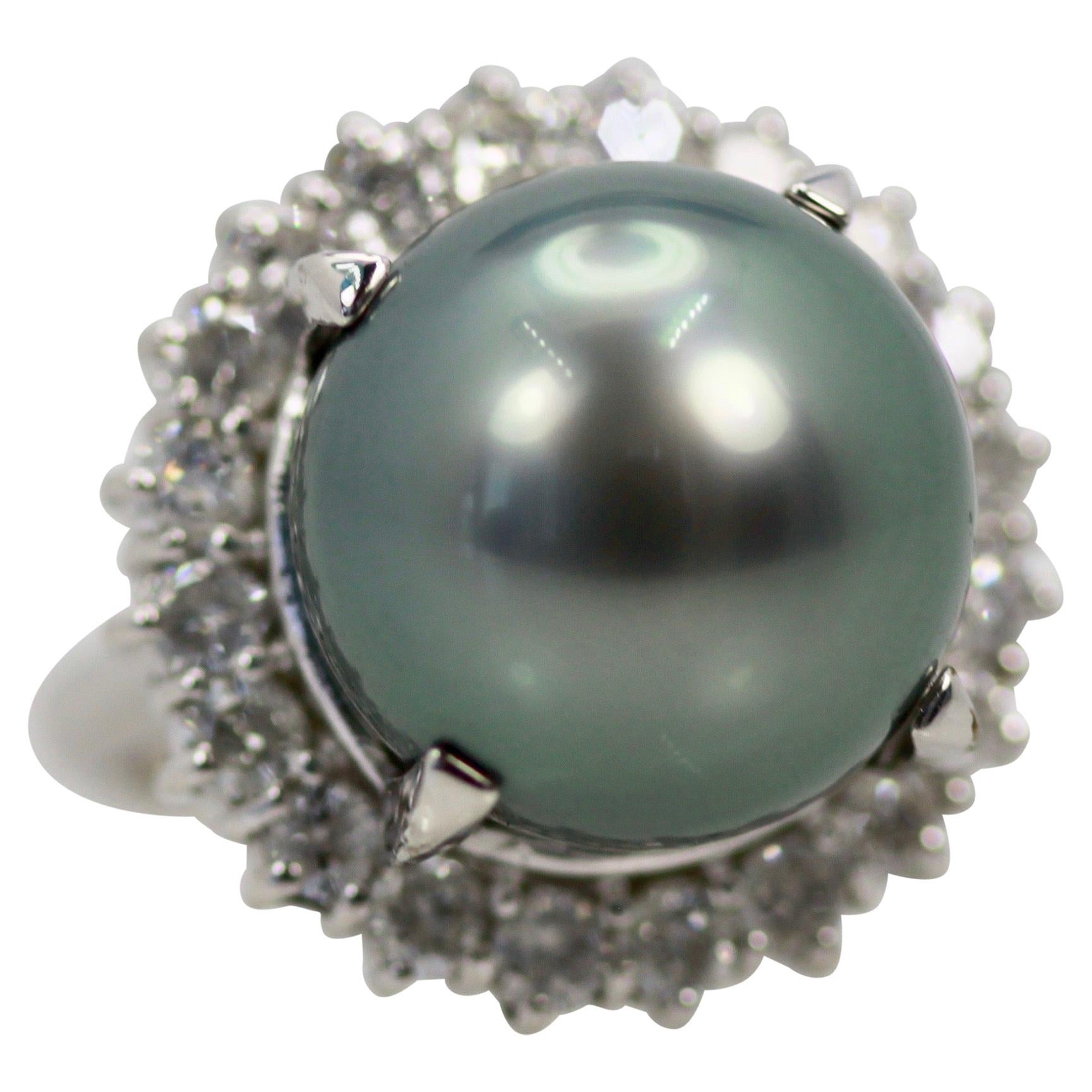 Tahitian South Seas Black Pearl Ring with Diamond Surround For Sale