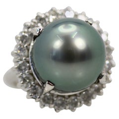 Tahitian South Seas Black Pearl Ring with Diamond Surround