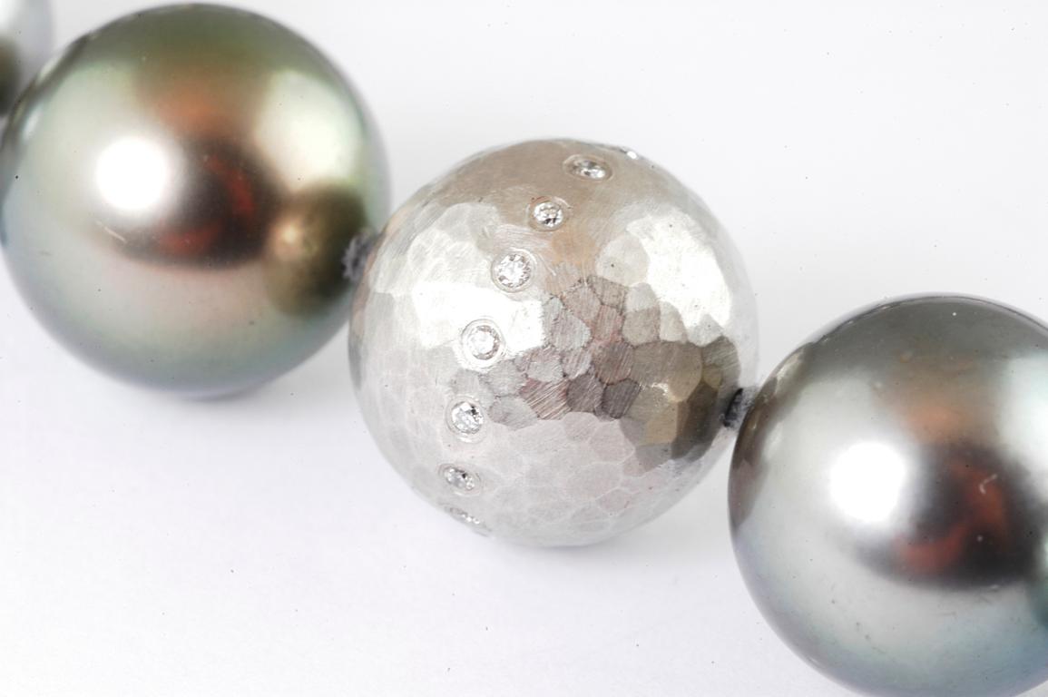 Contemporary Tahitian Southsea Grey Pearls with Handmade Platinum diamond set Ball