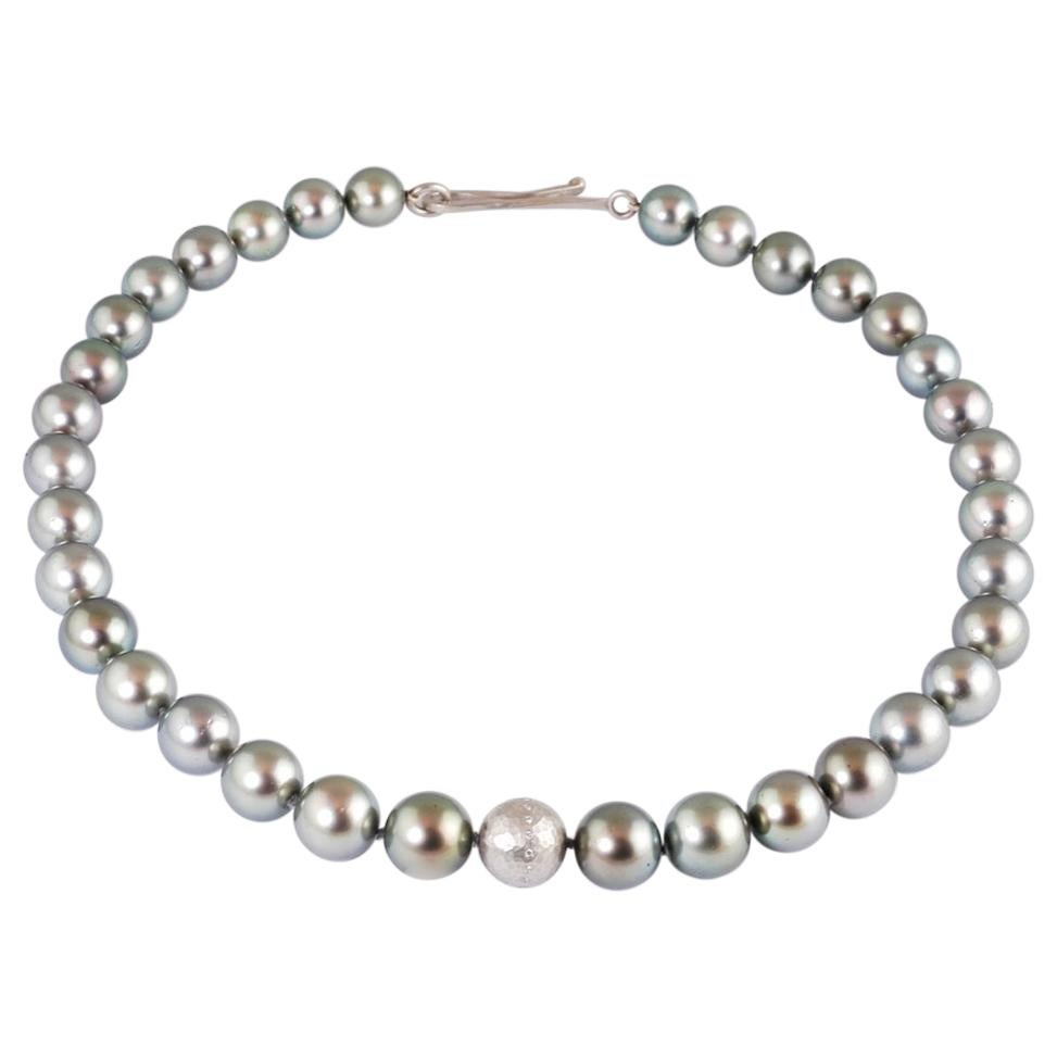 Tahitian Southsea Grey Pearls with Handmade Platinum diamond set Ball