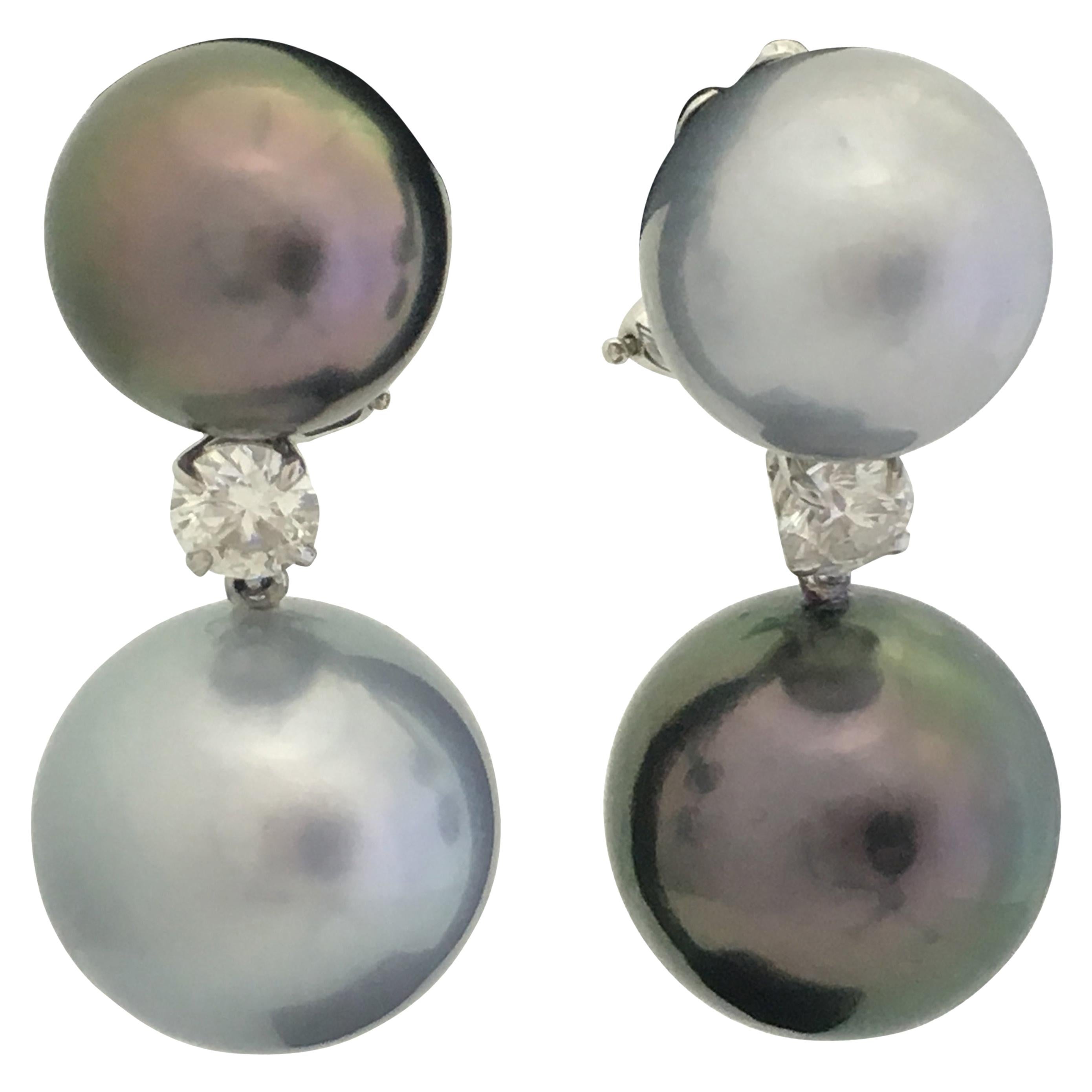 Tahitian Two-Tone Pearl Diamond Drop Earrings 0.60 Carat 18 Karat White Gold For Sale