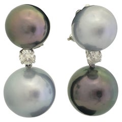 Tahitian Two-Tone Pearl Diamond Drop Earrings 0.60 Carat 18 Karat White Gold