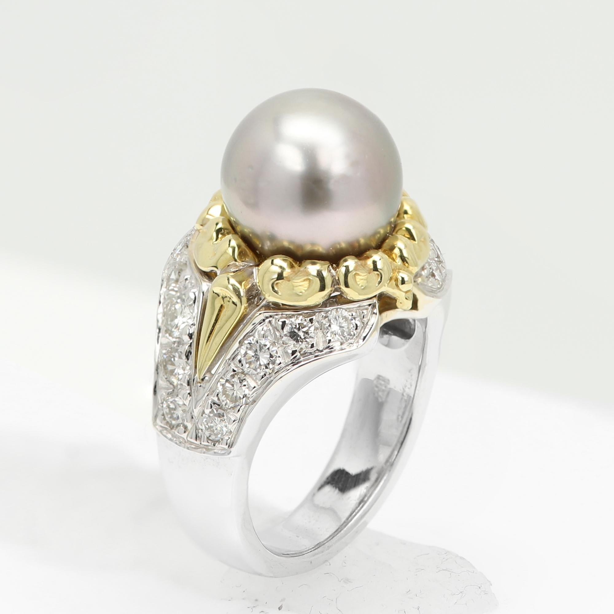 Tahiti Vintage Perlenring und Diamanten 18 Karat Gold Tahiti-Perlenring (Rundschliff) im Angebot