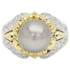 Tahitian Vintage Pearl Ring and Diamonds 18 Karat Gold Tahitian Pearl Ring