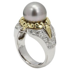 Tahitian Vintage Pearl Ring and Diamonds 18 Karat Gold Tahitian Pearl Ring