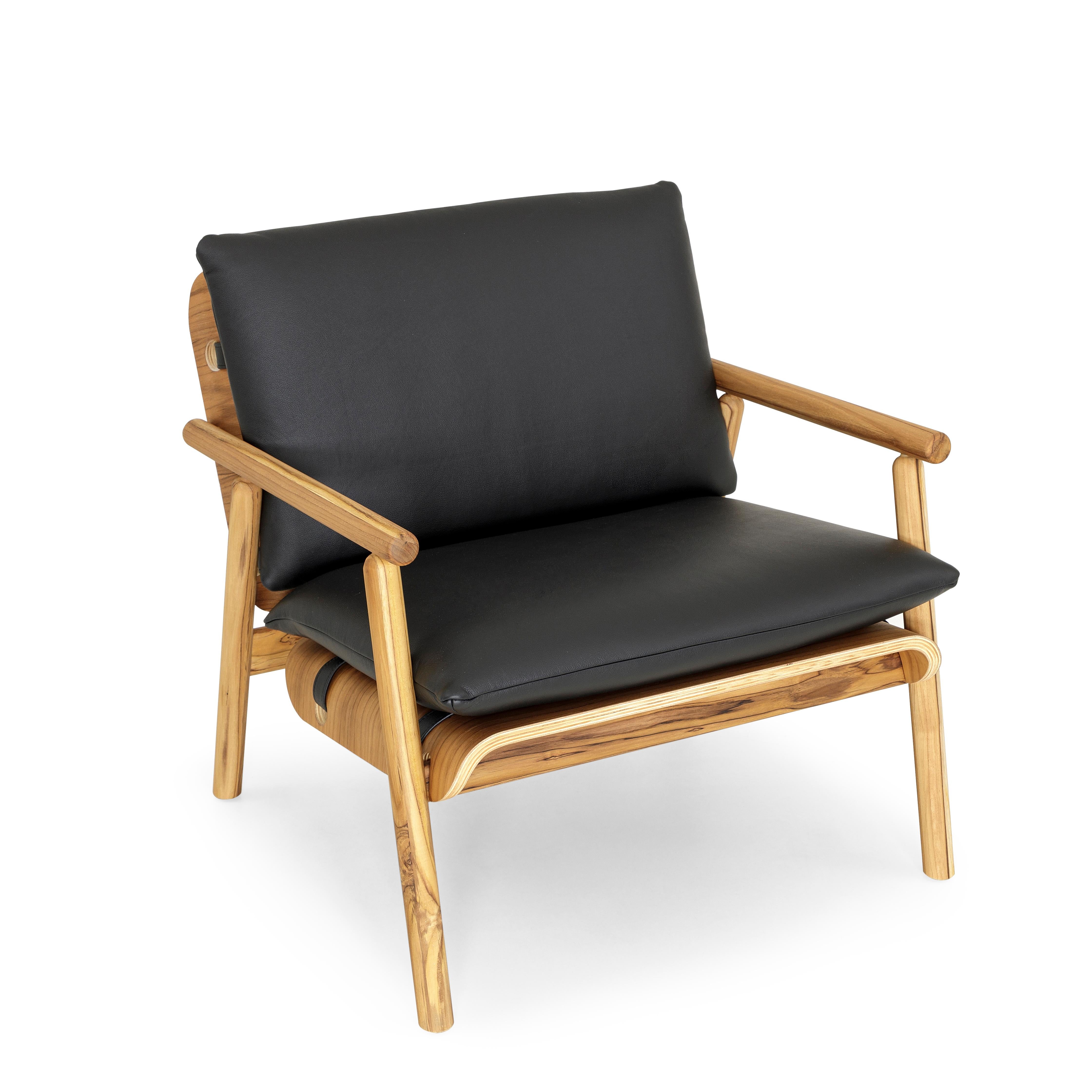 Tai Armchair in Teak Wood Finish with Black Leather Cushions For Sale 2