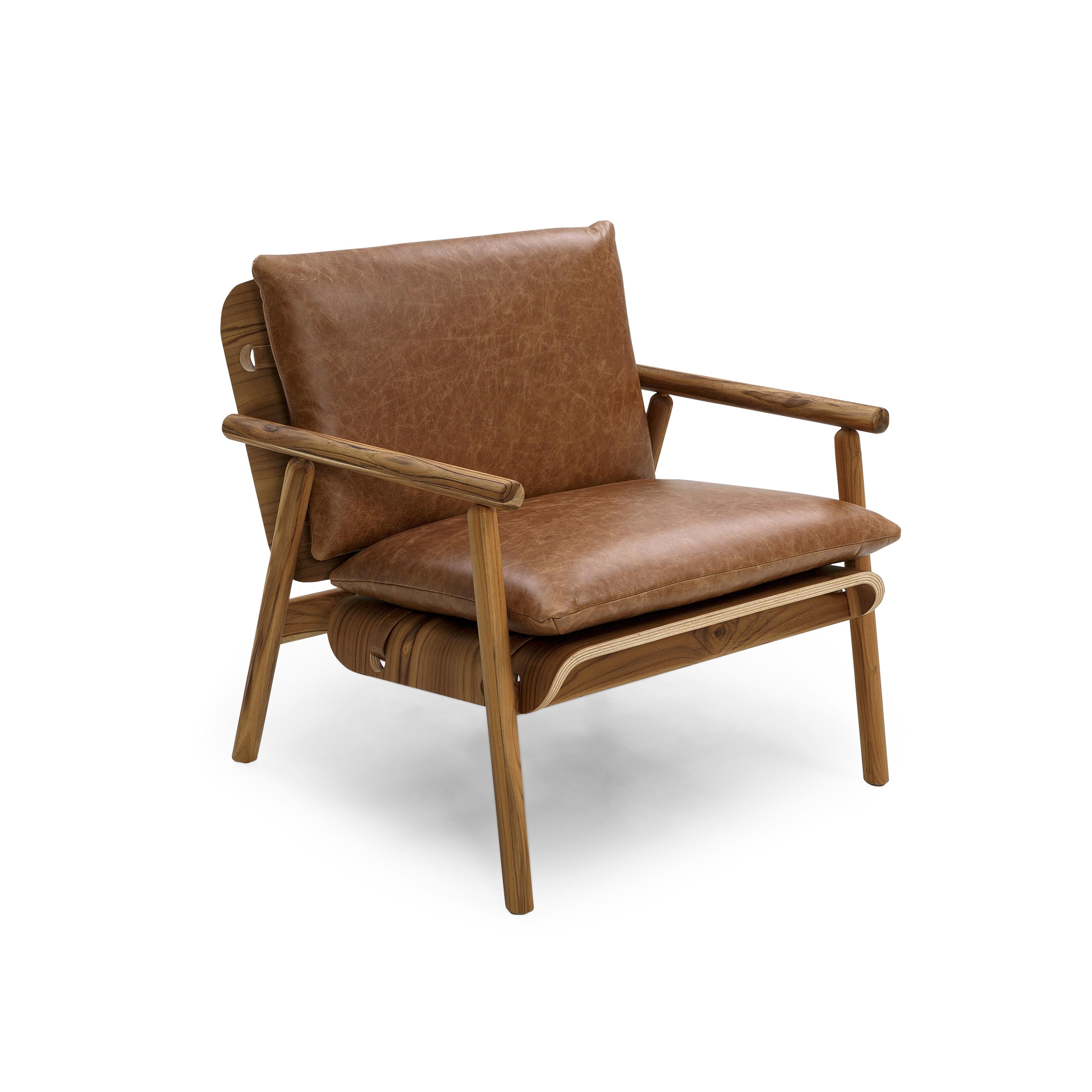 Contemporary Tai Armchair in Teak Wood Finish with Brown Leather Cushions For Sale