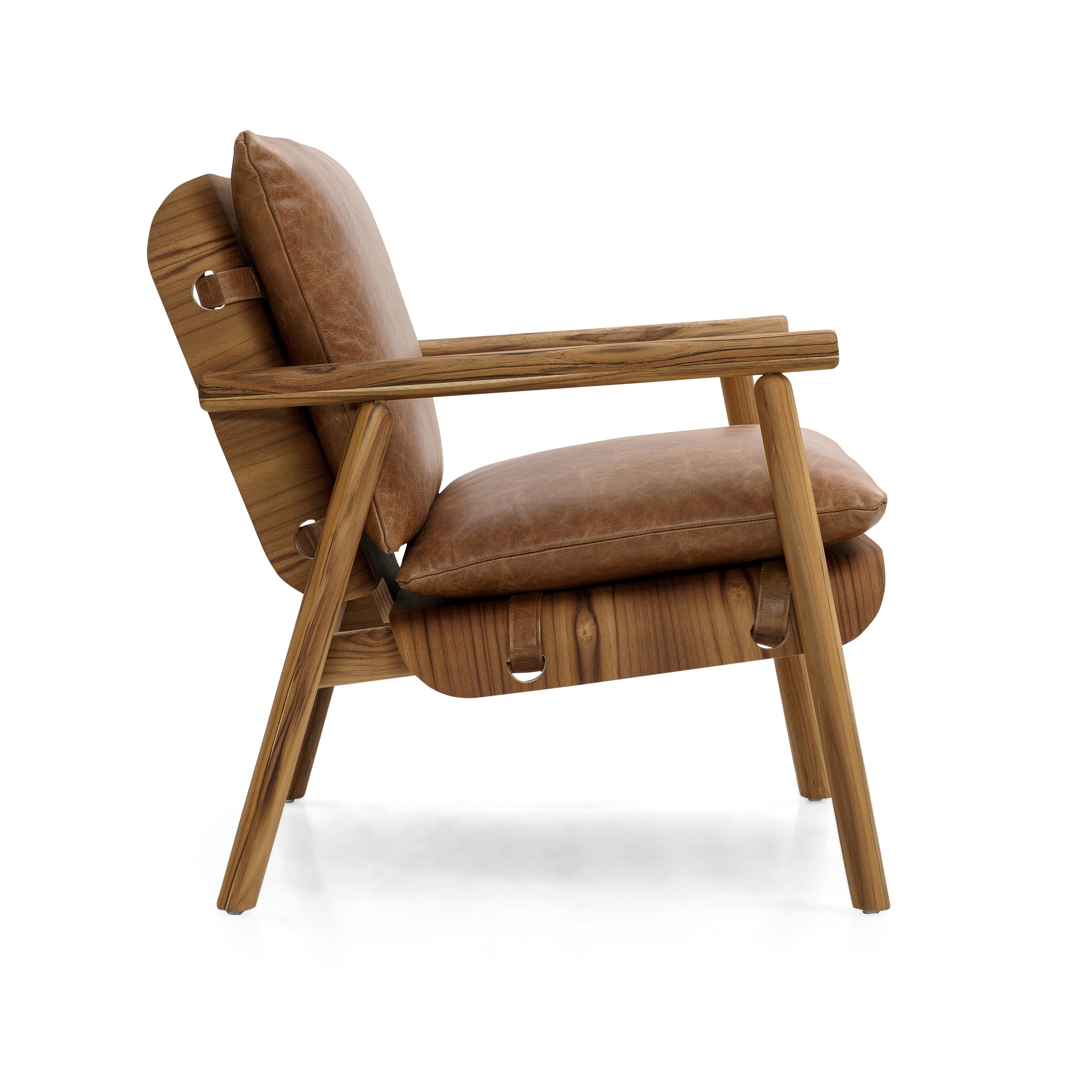 Tai Armchair in Teak Wood Finish with Brown Leather Cushions For Sale 1