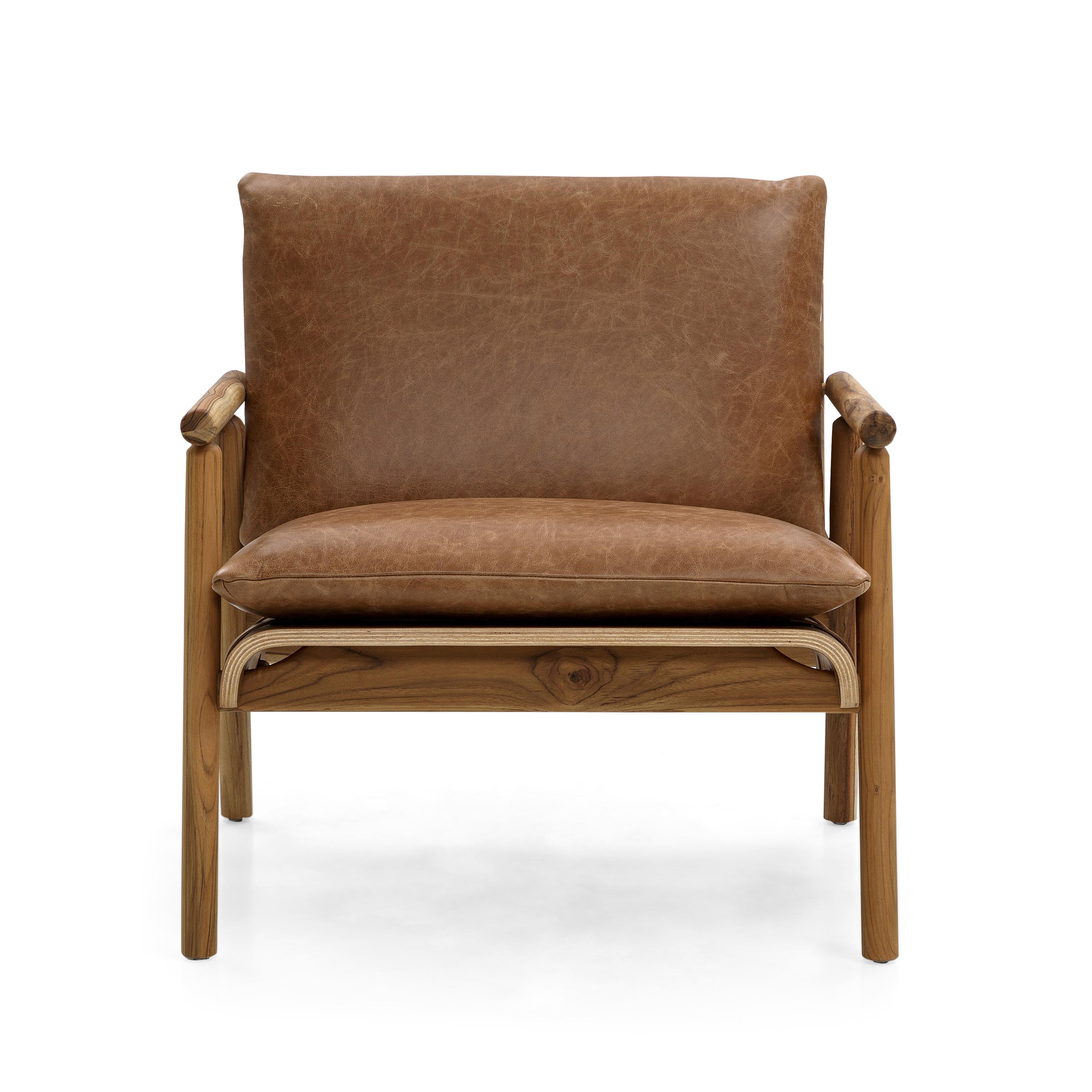 Tai Armchair in Teak Wood Finish with Brown Leather Cushions For Sale 2