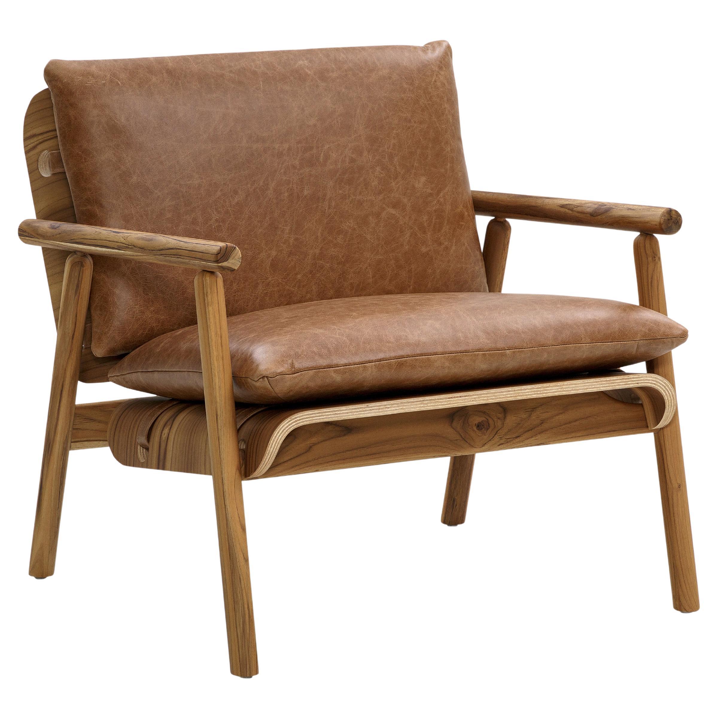 Tai Armchair in Teak Wood Finish with Brown Leather Cushions For Sale