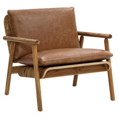 Tai Armchair in Teak Wood Finish with Brown Leather Cushions
