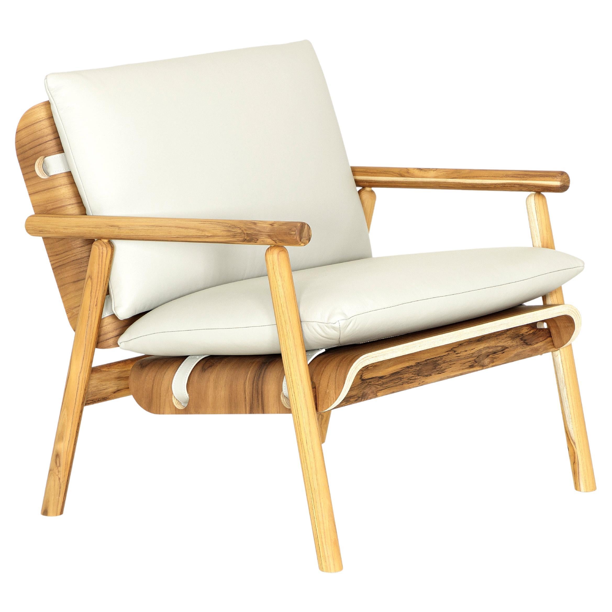 Teak Wood Lounge Chair with Ivory Leather and Spindle Legs, Tai Collection For Sale
