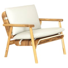 Tai Armchair in Teak Wood Finish with Off-White Leather Cushions