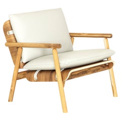 Teak Wood Lounge Chair with Ivory Leather and Spindle Legs, Tai Collection