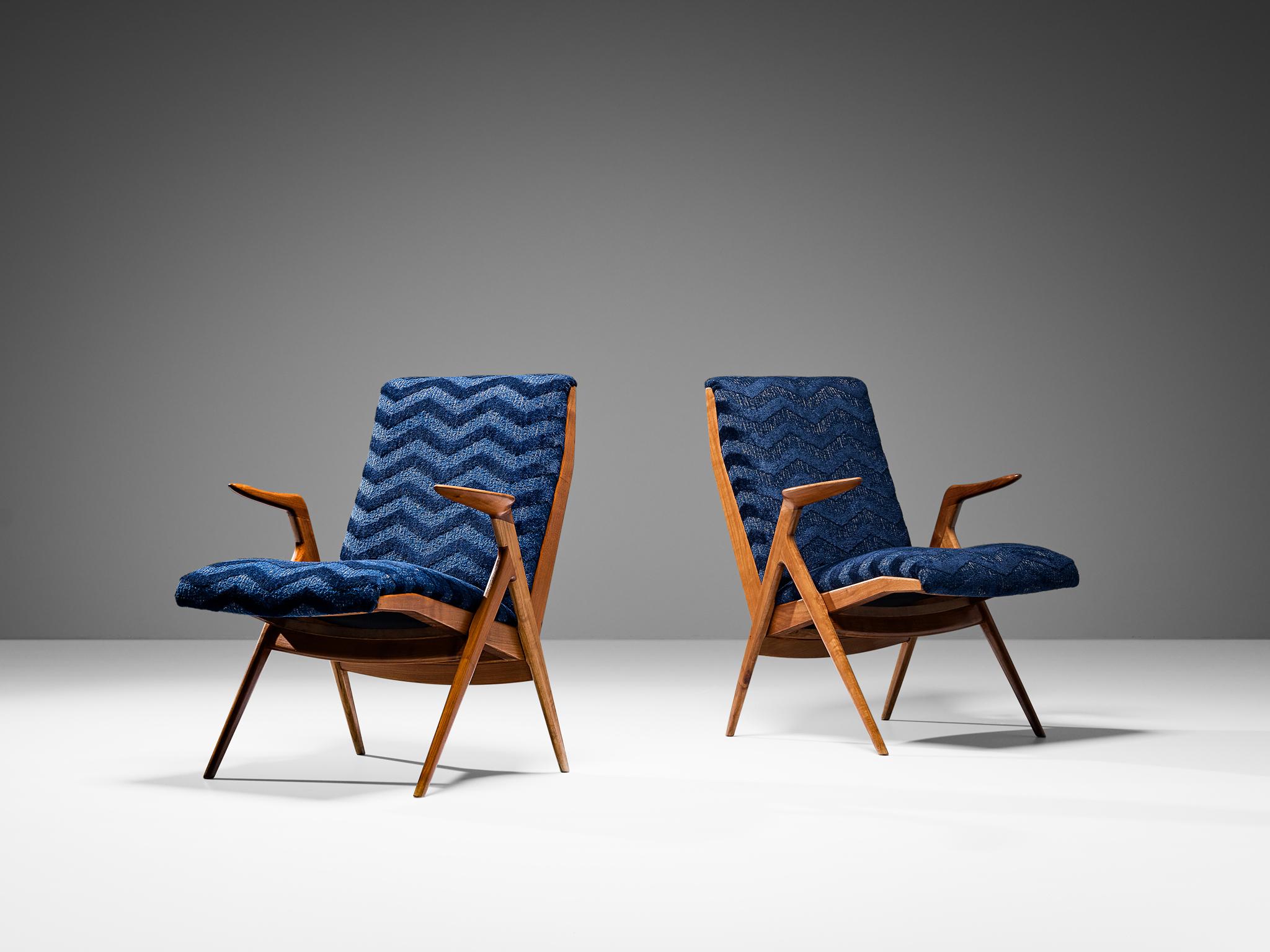 Fabric Taichiro Nakay Pair of Reupholstered Blue Armchairs in Cherry  For Sale