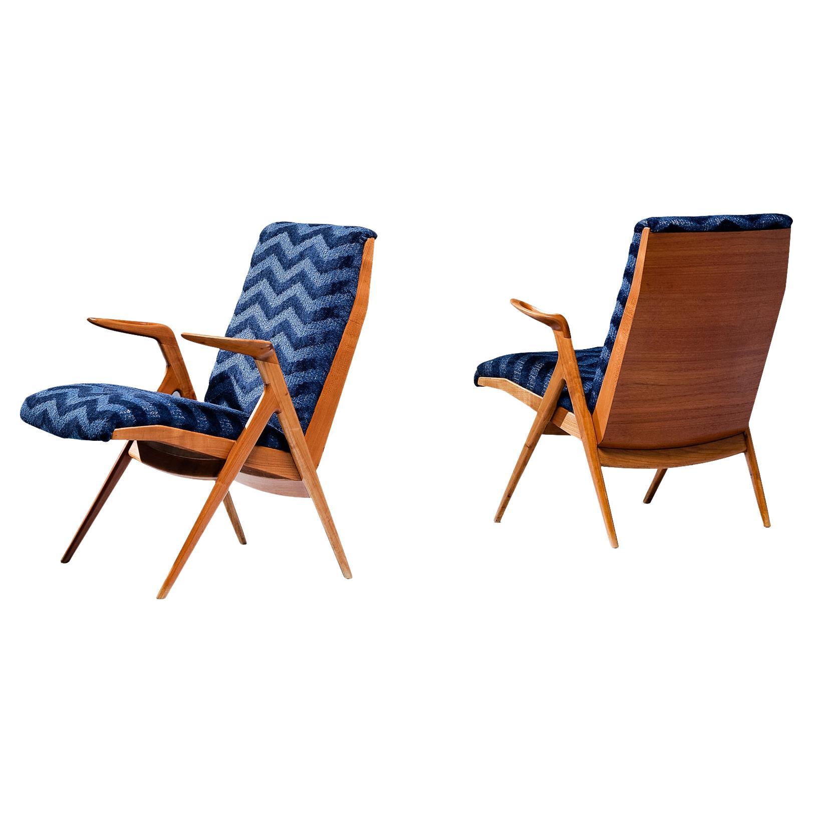 Taichiro Nakay Pair of Reupholstered Blue Armchairs in Cherry  For Sale