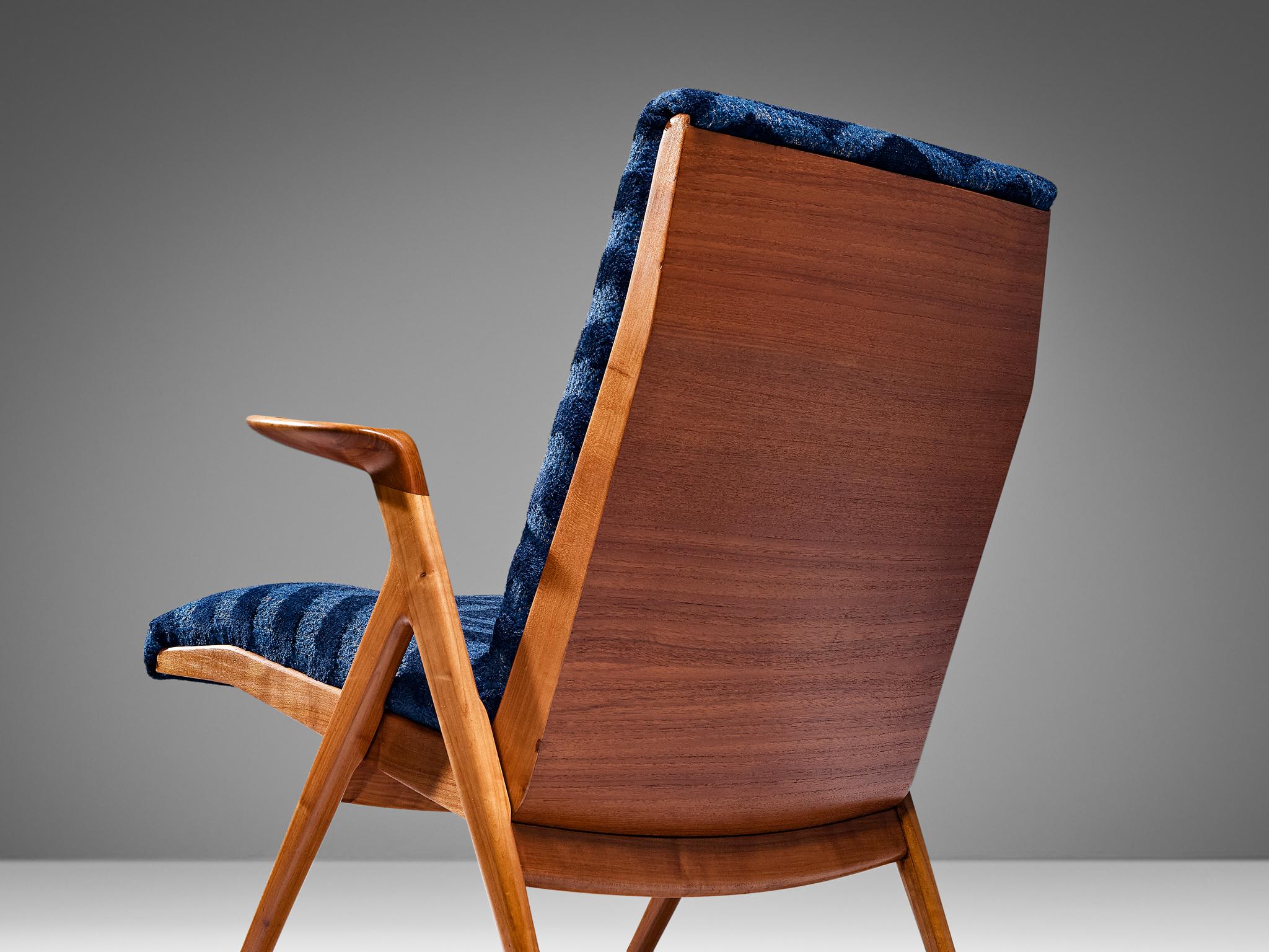 Mid-Century Modern Taichiro Nakay Reupholstered Blue Armchair in Cherry For Sale