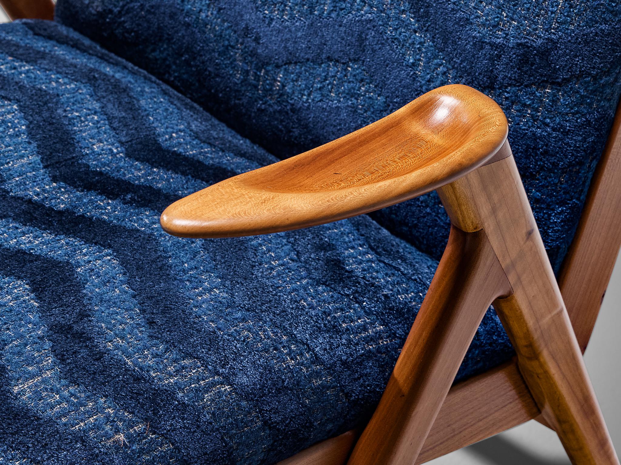 Italian Taichiro Nakay Reupholstered Blue Armchair in Cherry For Sale