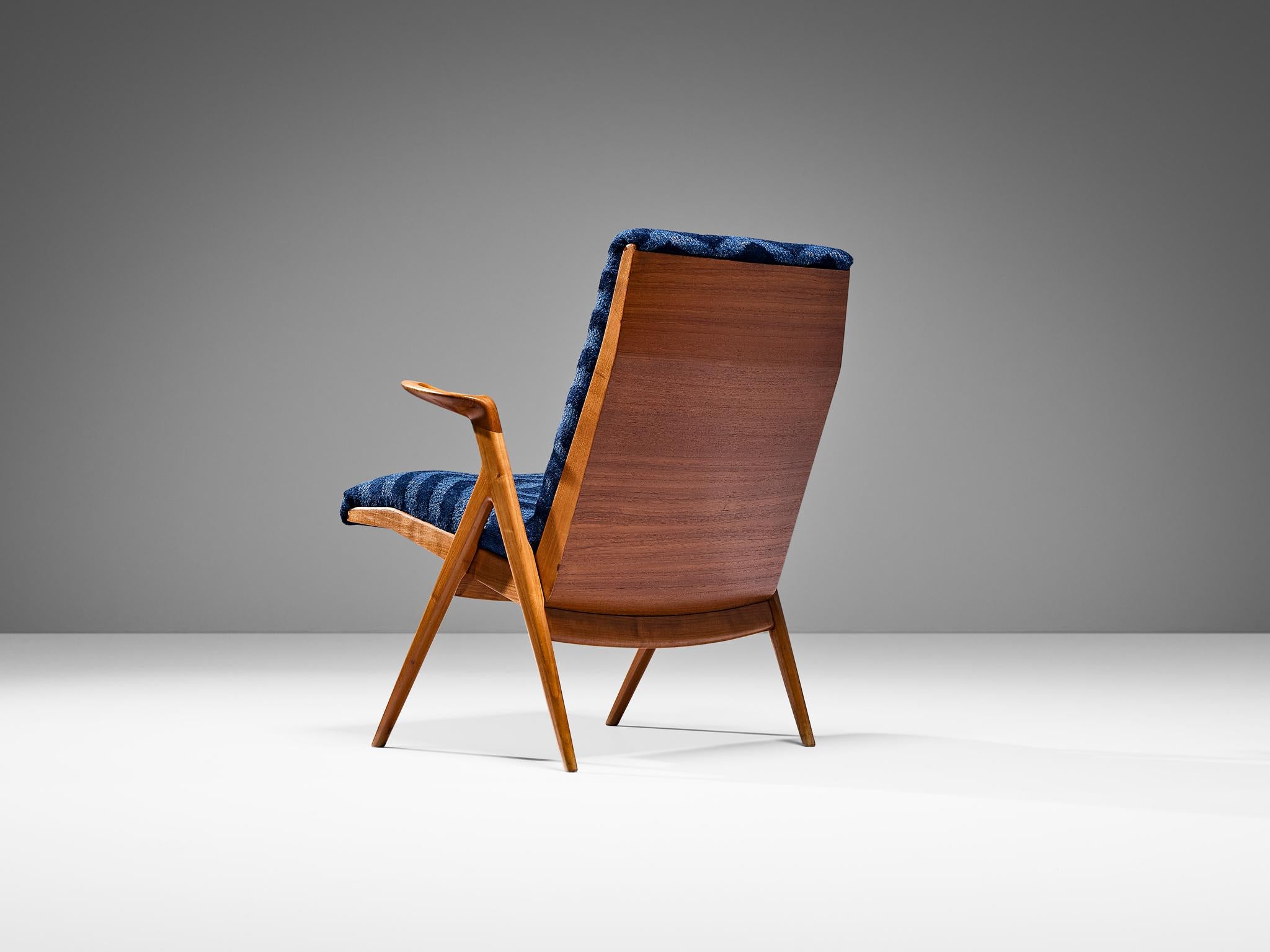 Taichiro Nakay Reupholstered Blue Armchair in Cherry In Good Condition For Sale In Waalwijk, NL