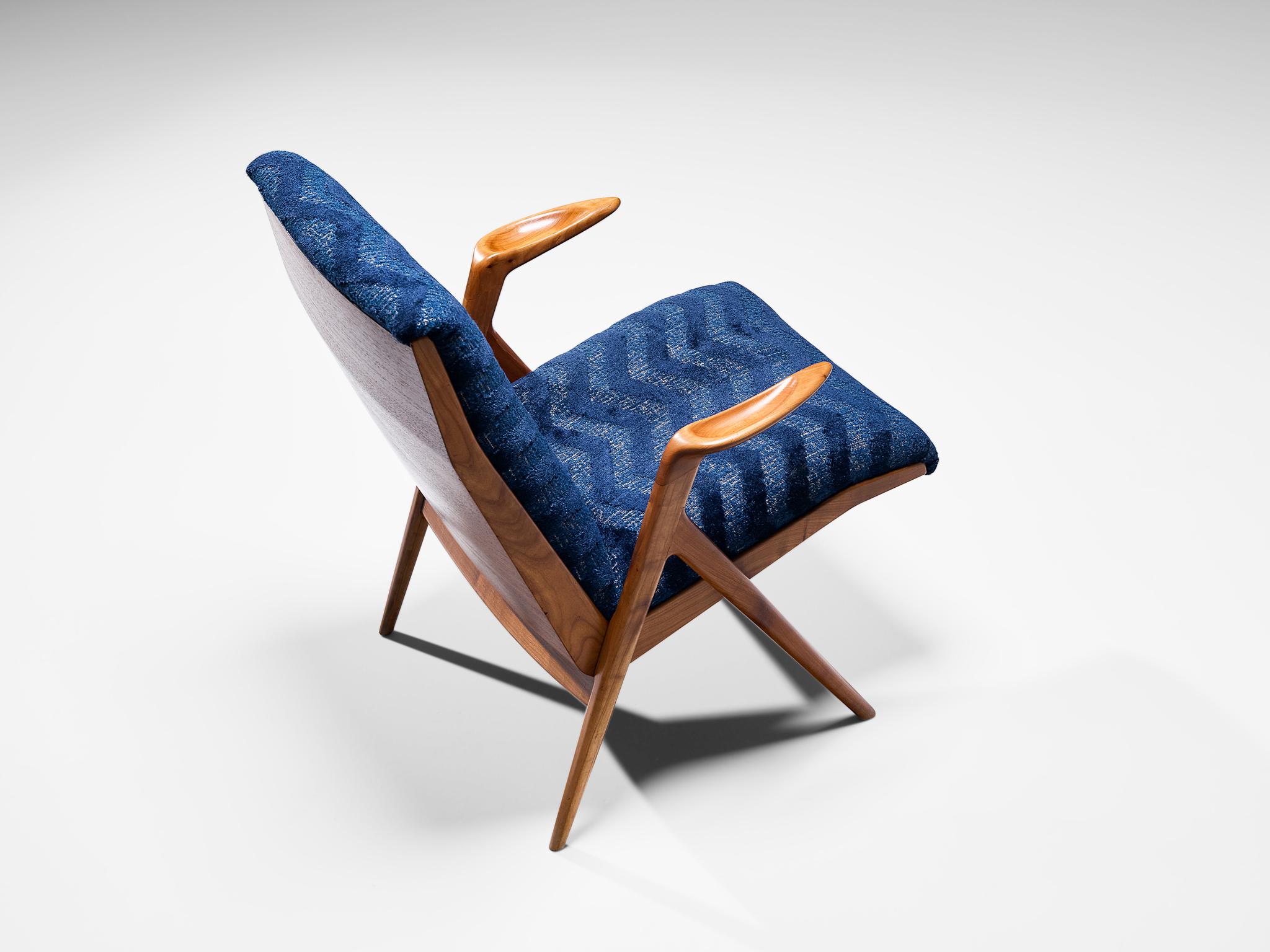 Mid-20th Century Taichiro Nakay Reupholstered Blue Armchair in Cherry For Sale