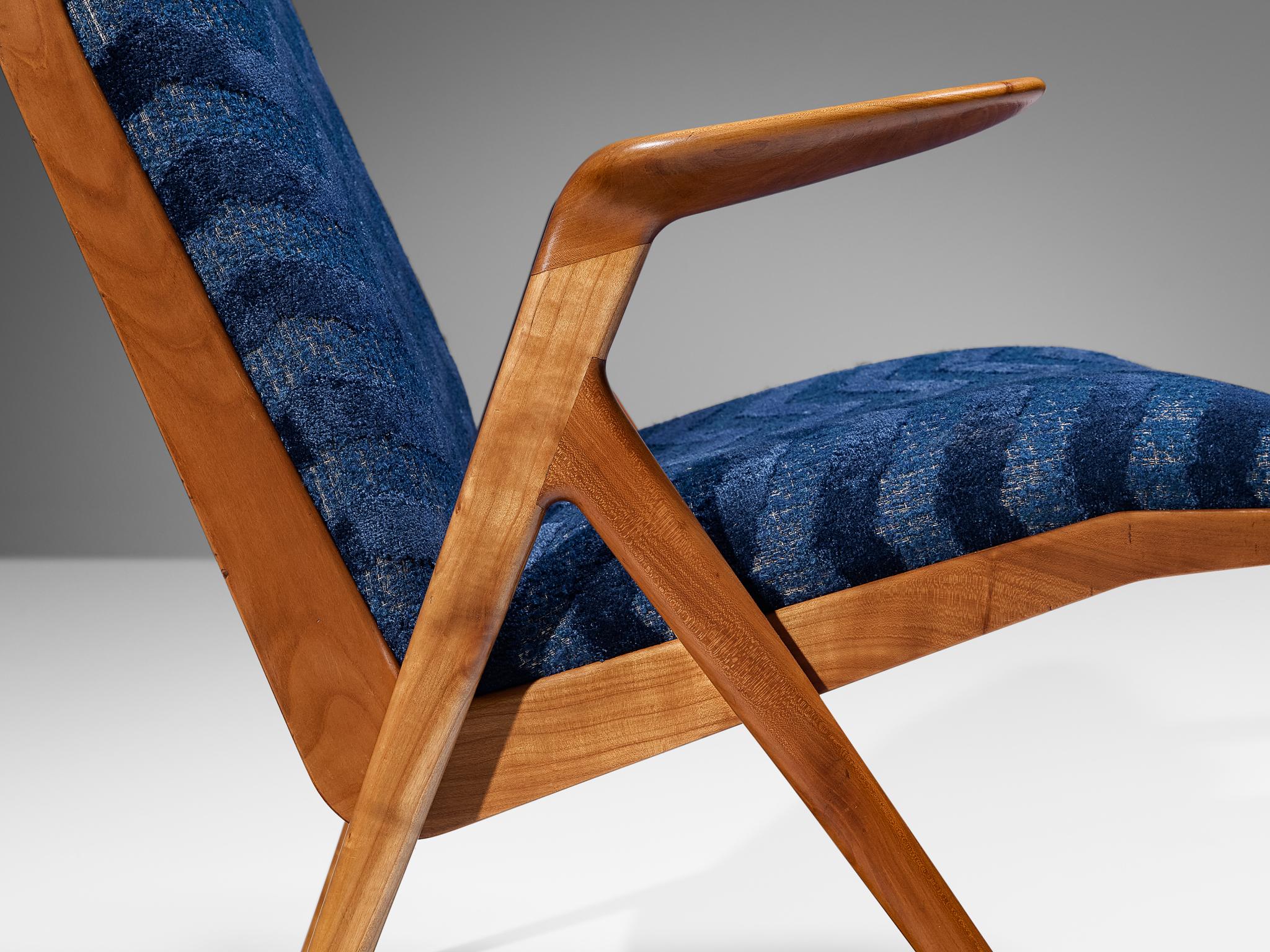 Fabric Taichiro Nakay Reupholstered Blue Armchair in Cherry For Sale